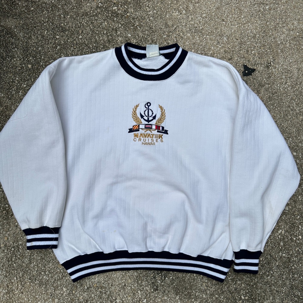 Vintage Sope Creek Navatek Cruises Hawaii Sweatshirt White Navy Large USA Made